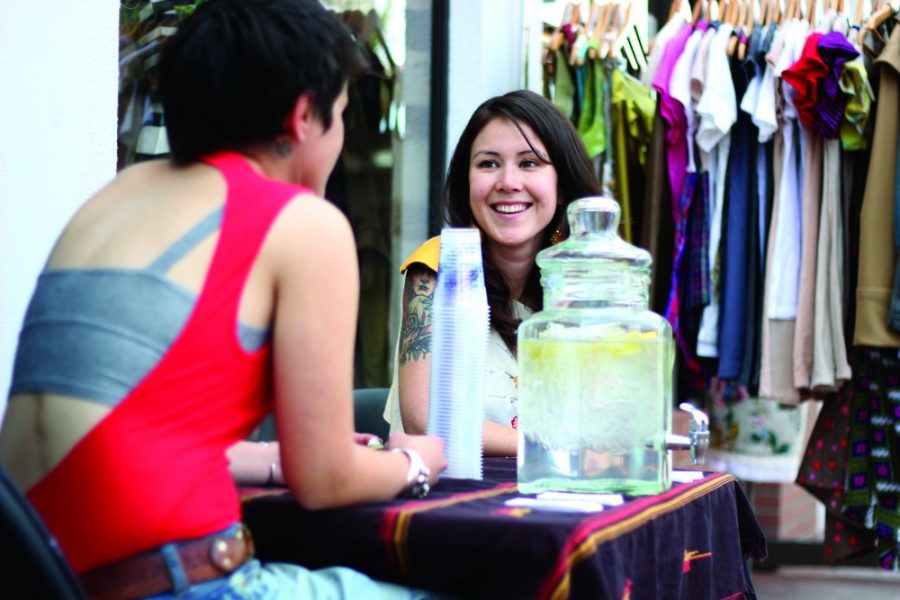 Rebecca Marie Sasnett/ The Daily Wildcat

Local designers Laurel Burton, 27, and Mariko Burton, 30, sell their clothing line on University Blvd in front of Swindlers clothing store Wednesday. Laurel and Mariko Burton have been co-designing for four years.


