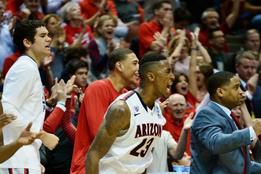 	Arizona freshman forward Rondae Hollis-Jefferson (23) yells with fans as Arizona takes its first lead during the second half of Arizona’s 70-64 victory against San Diego State University in the NCAA Tournament Sweet Sixteen at the Honda Center in Anaheim, Cali. on Thursday. Arizona advances on to the Elite Eight to play Wisconsin on Saturday.