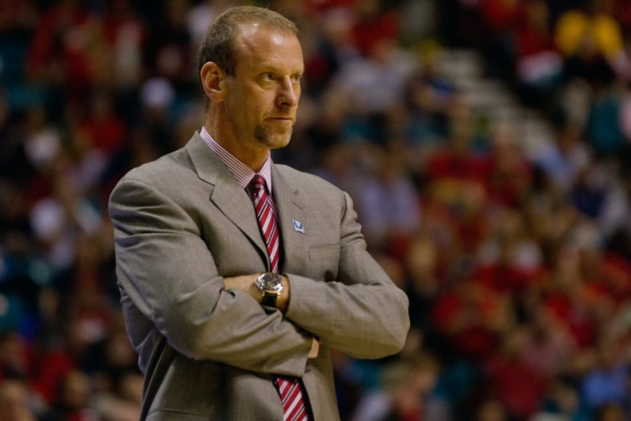 	Utah Head Coach Larry Krystkowiak watches the Utes during the second half of the Pac-12 Tournament at the MGM Grand Garden Arena in Las Vegas. Utah lost to Arizona, 39-71.