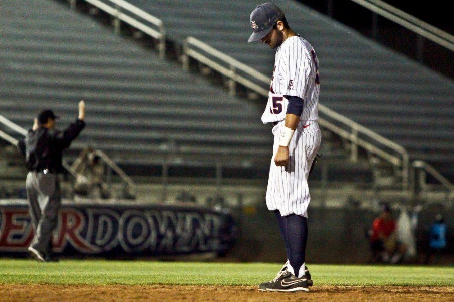 Arizona junior outfielder Joesph Maggi lowers his head during Arizonas 11-2 loss against Oregon State at Hi Corbett Field on Friday. This is Arizonas eighth straight lost this seaon.