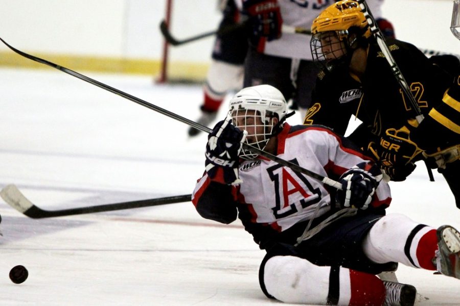 Rebecca Marie Sasnett/The Daily Wildcat

Senior forward Andrew Murmes (21) tries to keep posession of the puck during Arizonas 8-2 loss against ASU at the Tucson Convention Center on February 22.