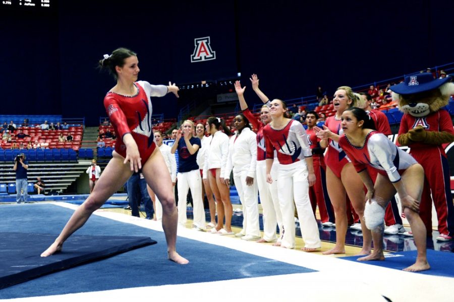 Carlos Herrera / The Daily Wildcat

Mackenzie Valentin scored a 9.825 during Arizona's fall to the Oregon State Beavers, 197.050-196.275, at the McKale Center on Sunday.