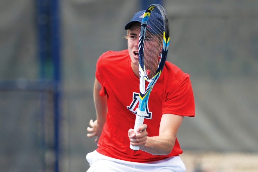 Carlos Herrera/The Daily Wildcat 

Freshman Will Kneale plays against USC on Friday. Arizona fell 4-0 to the Trojans, and Kneale lost to USCs Eric Johnson on 6-2, 6-1 at the LaNelle Robson Tennis Center on Friday.

