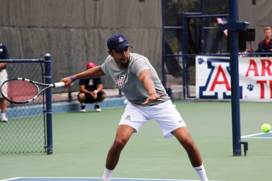 	Junior Sumeet Shinde returns Stanford’s serve during the doubles match of Arizona’s 4-3 loss against Stanford at the LaNelle Robson Tennis Center on March 30. The Wildcats’ loss to Utah on Wednesday in the Pac-12 Championships ended their season. 