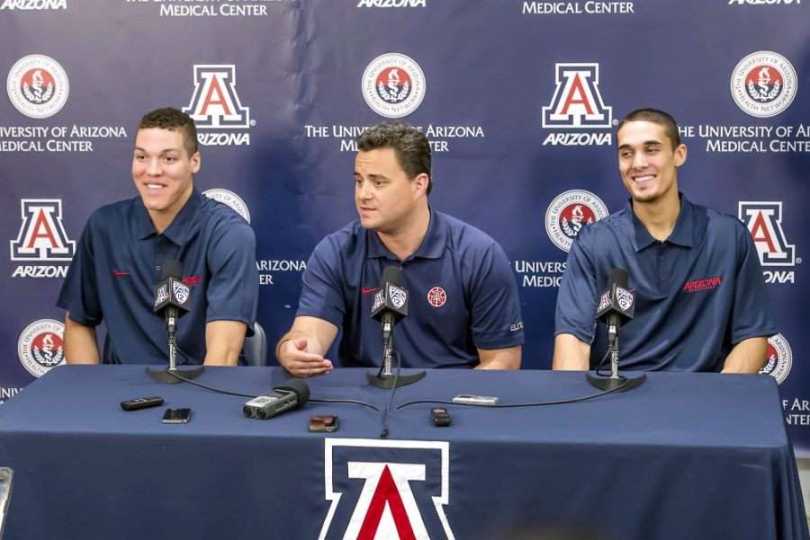 Courtesy of Arizona Athletics 

Aaron Gordon, Sean Miller and Nick Johnson announce Gordons and Johnsons decision to declare for the 2014 NBA Draft for this June during a press conference in McKale Center on Tuesday.
