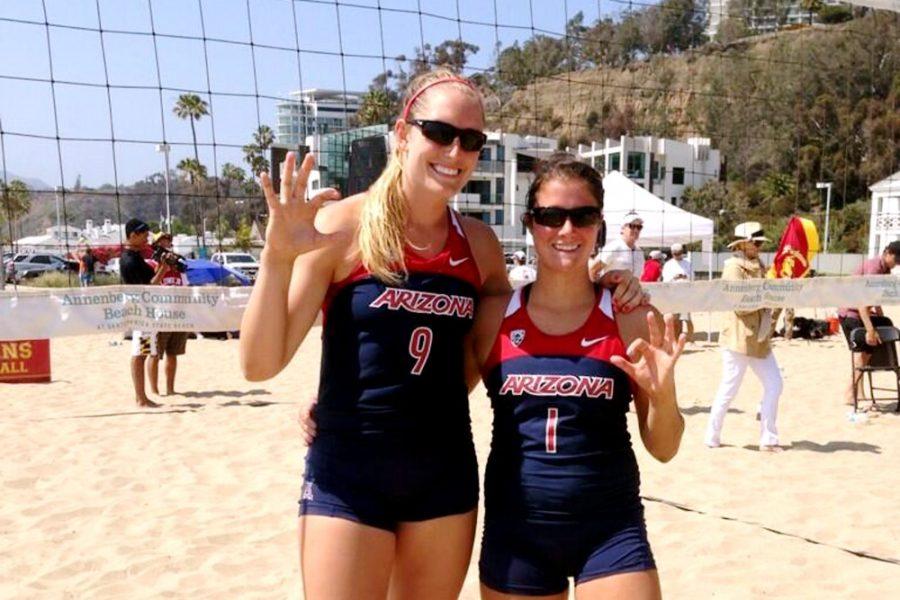 Courtesy of Arizona Sand Volleyball Twitter 

Arizona junior Madi Kingdon (9) and arizona junior Ronni Lewis (1) celebrate Sunday after taking 2nd place in the Pac-12 Invitational in Las Angeles. 