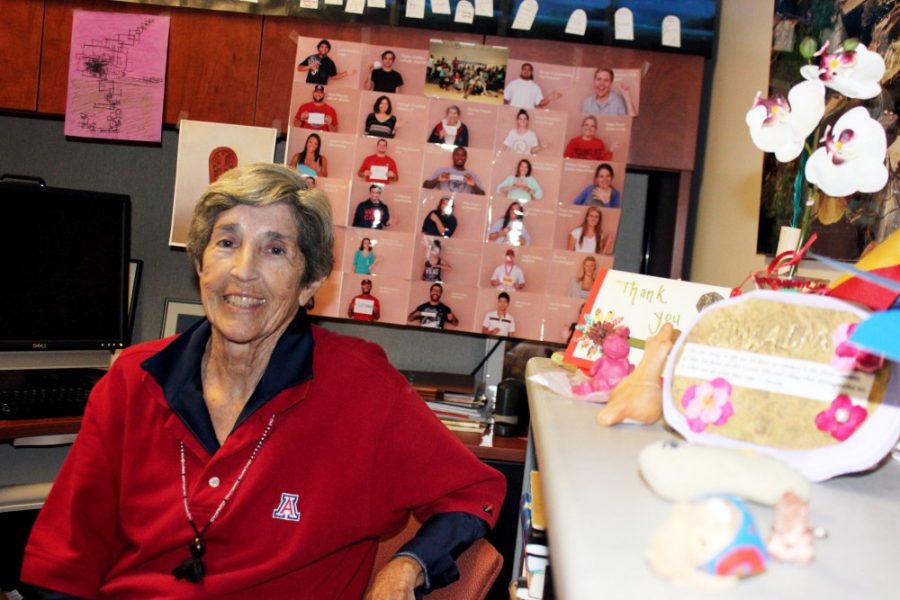 	Donna Swaim, senior lecturer emerita, sits in her office Friday, which is filled with student projects and student gifts. Swaim is retiring after working 50 years at the University of Arizona. 