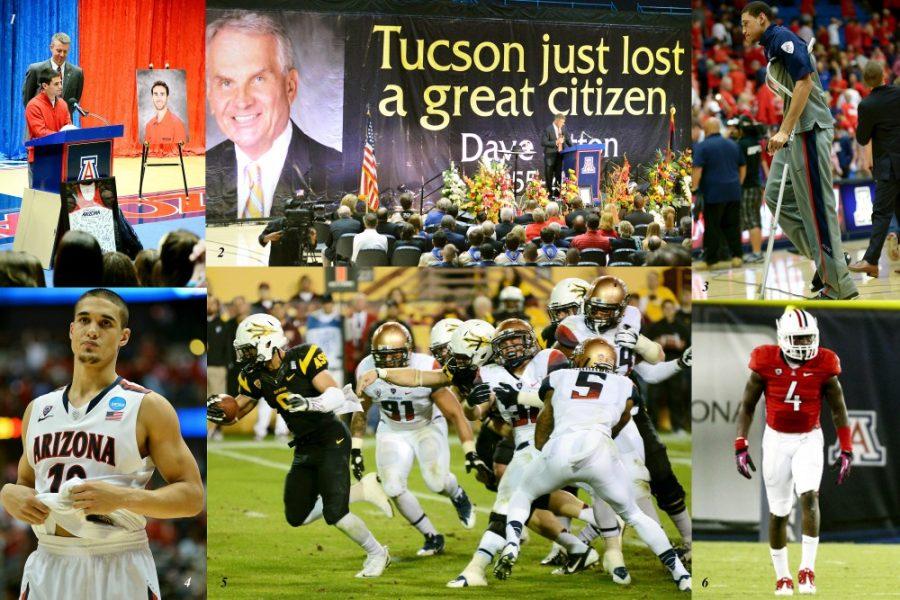 	<p>1- Steve Nguyen / The Daily Wildcat <br />
Track and field head coach Fred Harvey, athletic director Greg Byrne, Lezo Urreiztieta’s father, Izaro Urreiztieta, and Lezo Urreiztieta’s older brother, Gaizka Urreiztieta (pictured), mourn hurdler Lezo Urreiztieta’s death in McKale Center on Jan. 22. Lezo Urreiztieta died in December.<br />
2- File Photo/ The Daily Wildcat <br />
Reporter and longtime friend of Dave Sitton Sean Mooney speaks at the memorial service held for Sitton on Aug. 18, 2013. Sitton worked as a broadcaster for UA football and basketball, and was the men’s rugby head coach for almost 40 years.<br />
3- Tyler Baker / The Daily Wildcat<br />
Sophomore forward Brandon Ashley leaves the court after Arizona’s 87-59 victory against California in McKale Center on Feb. 26. Arizona went 21-0 with Ashley but 12-5 after he suffered his season-ending injury.<br />
4- Tyler Baker / The Daily Wildcat<br />
Arizona junior guard Nick Johnson reacts after Arizona’s 64-63 loss against Wisconsin in the <span class=