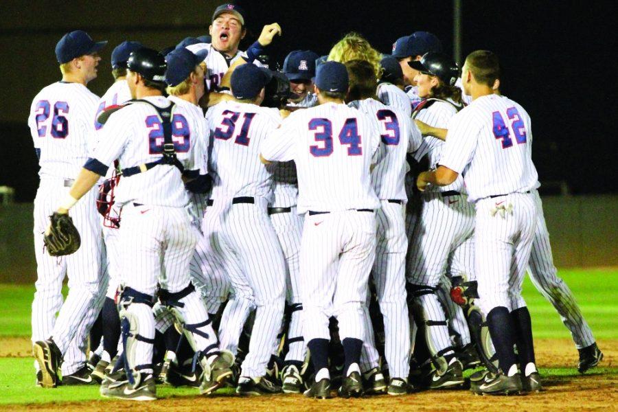 	The Arizona Wildcats celebrated on the field after winning 3-2 against Stanford at Hi Corbett Field on Friday. Arizona lost to Stanford on Saturday, 10-6, and Sunday, 5-3, in the three game series at Hi Corbett Field. 