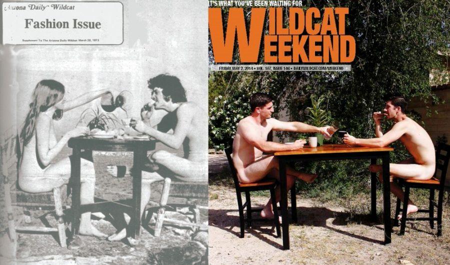 	Compiled by Rebecca Marie Sasnett.
Photos by Savannah Douglas and The Daily Wildcat archive.

	UA Students Luke Della and Joey Callahan re-enact a photograph taken by Tim Fuller, The Daily Wildcat’s 1973 photo editor, for the fashion edition.
