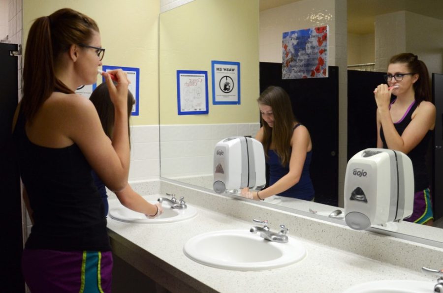 Photo Illustration by Rebecca Noble / The Daily Wildcat

Veterinary Sciences and Molecular and Celluar Biology senior Sydney St. Clair (left) and physiology freshman Mia Bottcher (right) share a bathroom in Pueblo de la Cienega residence hall on Tuesday, Sept. 2, 2014.