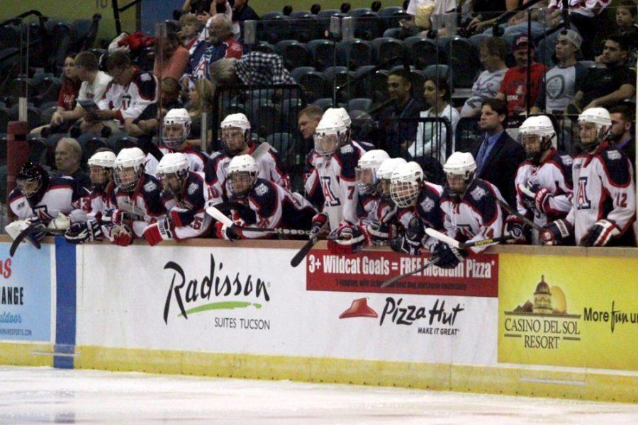 The Arizona hockey team watch the action during Arizonas 4-3 loss against Liberty at the Tucson Convention Center on Saturday. Arizona hosts Colorado State today and University of Colorado on Friday and Saturday.