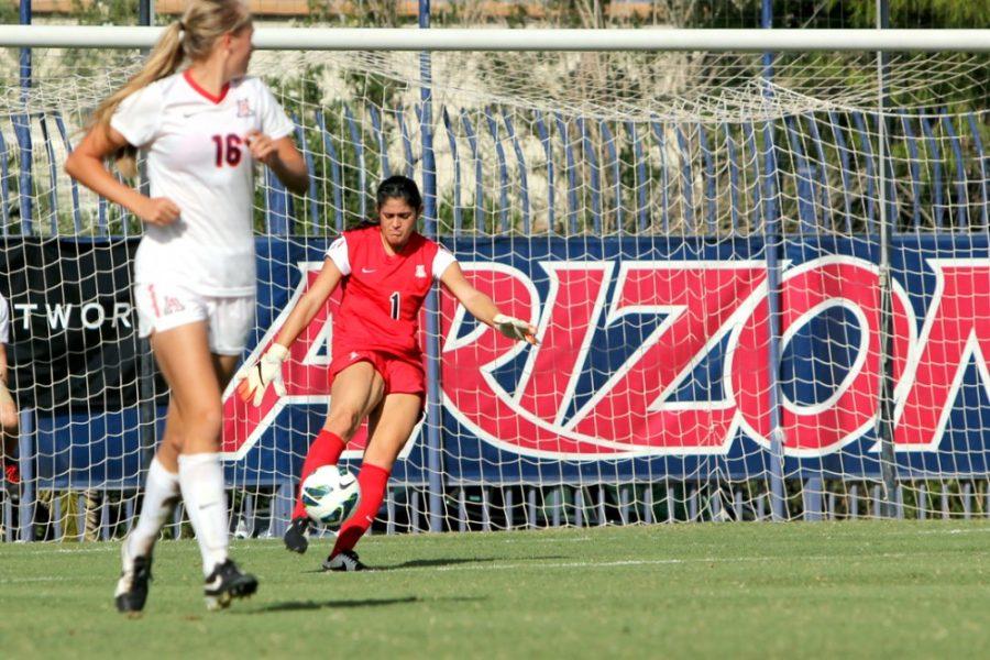 Arizona senior goalkeeper Gabby Kaufman (1) saves a goal kick during the first overtime of Arizonas 1-1 tie in double overtime against California on Sunday at Murphey Field at Mulcahy Soccer Stadium. The Wildcats have a chance to go to the postseason for the first time in almost a decade.