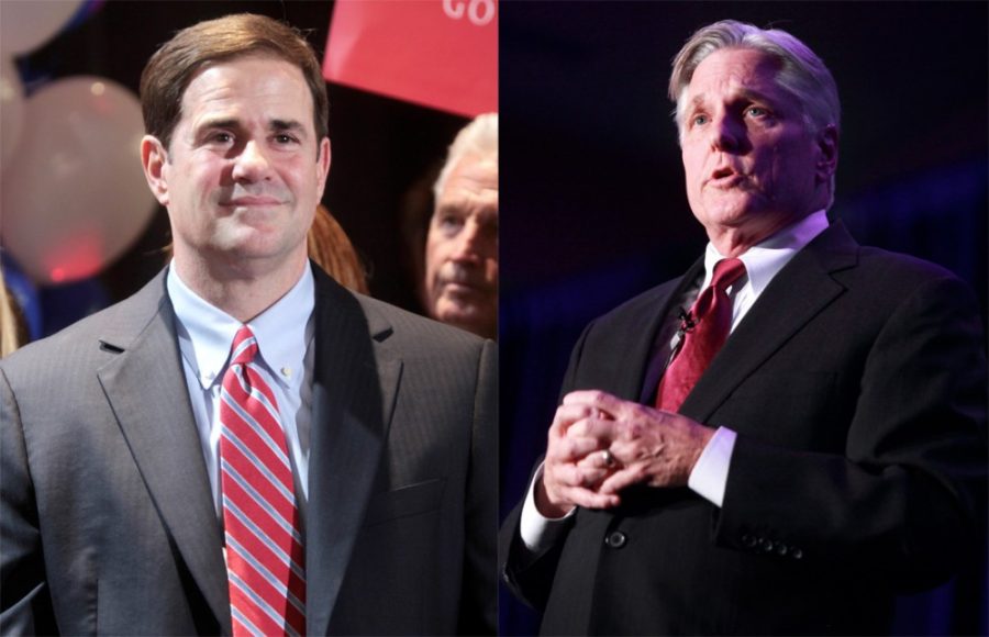 Courtesy of Gage SkidmoreDoug Ducey (left) and Fred DuVal (right). 