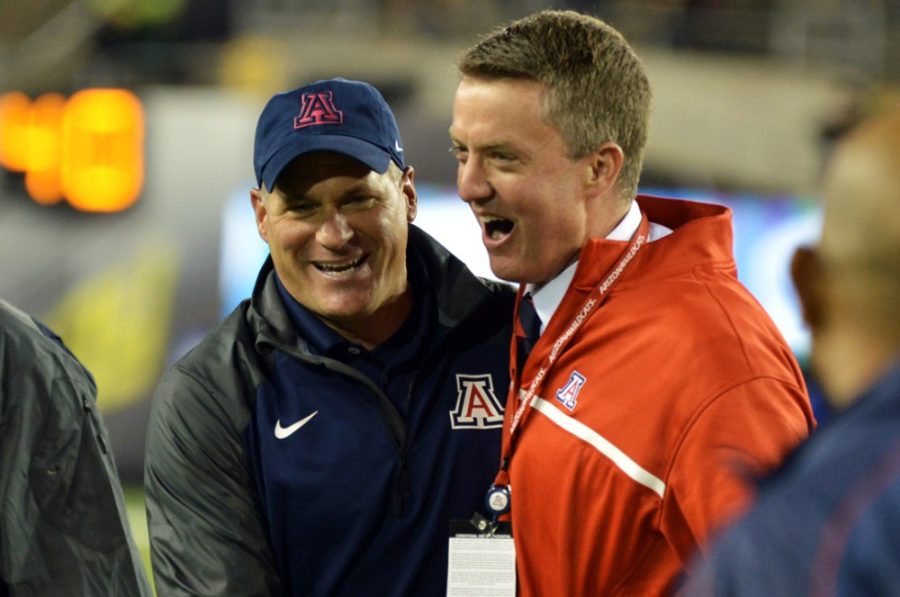 Arizona+football+head+coach+Rich+Rodriguez+and+athletic+director+Greg+Byrne+celebrate+Arizonas+31-24+win+over+then-No.2+Oregon+at+Autzen+Stadium+in+Eugene%2C+Ore.%2C+on+Thursday.On+Monday+at+his+weekly+press+conference%2C+Rodriguez+talked+about+the+USC+Trojans%2C+being+a+top-10+ranked+team+and+walk-ons.