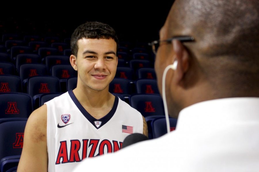 Arizona junior guard Gabe York (1), pictured at Arizona mens basketball media day on Friday, has worked on his in-between game all summer and should play a much bigger role this season. ʺId bet on him having a real big role on this years team based on what weve seen here far,ʺ UA mens basketball head coach Sean Miller said.