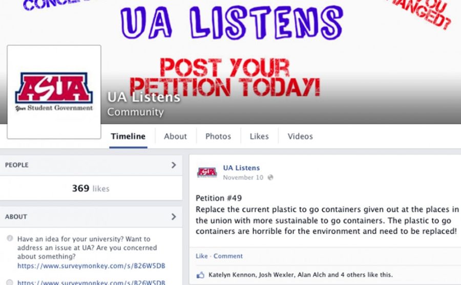Screenshot by Rebecca NobleThe UA Listens Facebook page on Sunday. Students can post their concerns or things they want changed at the UA through the UA Listens page.