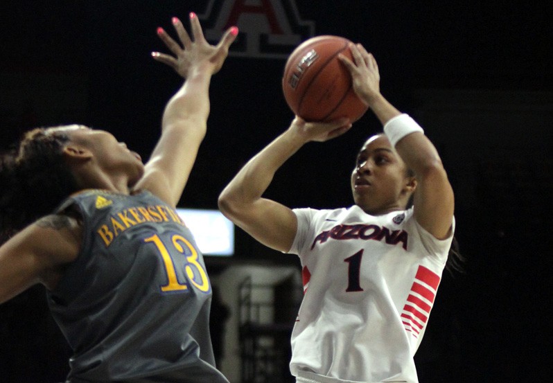 <p>Arizona women's basketball guard Candice Warthen shoots over CSU Bakersfield guard Dajy Vines during Arizona's 76-72 loss in McKale Center on Monday. The Wildcats lost their season opener for the second-straight season.</p>