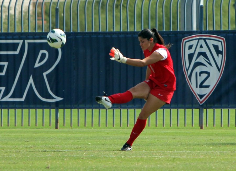 Arizona goalkeeper Gabby Kaufman (1) kicks the ball down the field after saving a goal during Arizonas 1-1 tie against California at Murphey Field at Mulcahy Soccer Stadium on Oct. 26. After making the postseason for the first time in nine years, Kaufman and the Wildcats face Oklahoma State in the first round of the NCAA tournament on Friday.