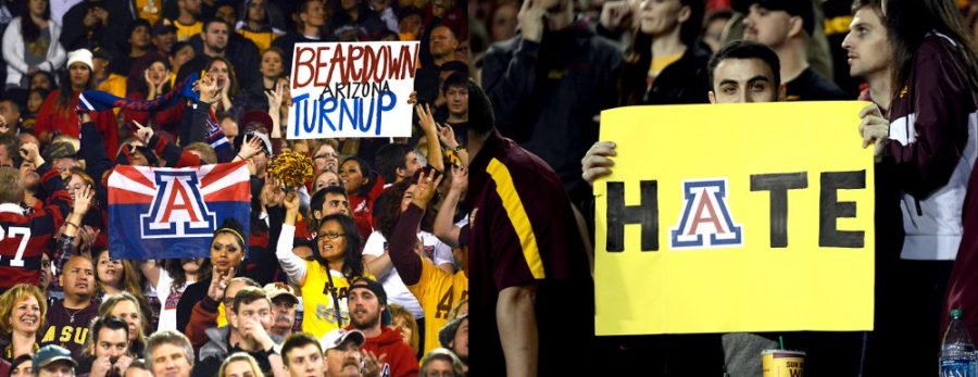 File photo (left) and Tyler Baker (right) / The Daily WildcatArizona fans and ASU fans hold up signs during Arizonas 58-21 loss against ASU in Tempe last season. According to academic research, the UA-ASU rivalry is the most intense rivalry in the nation.