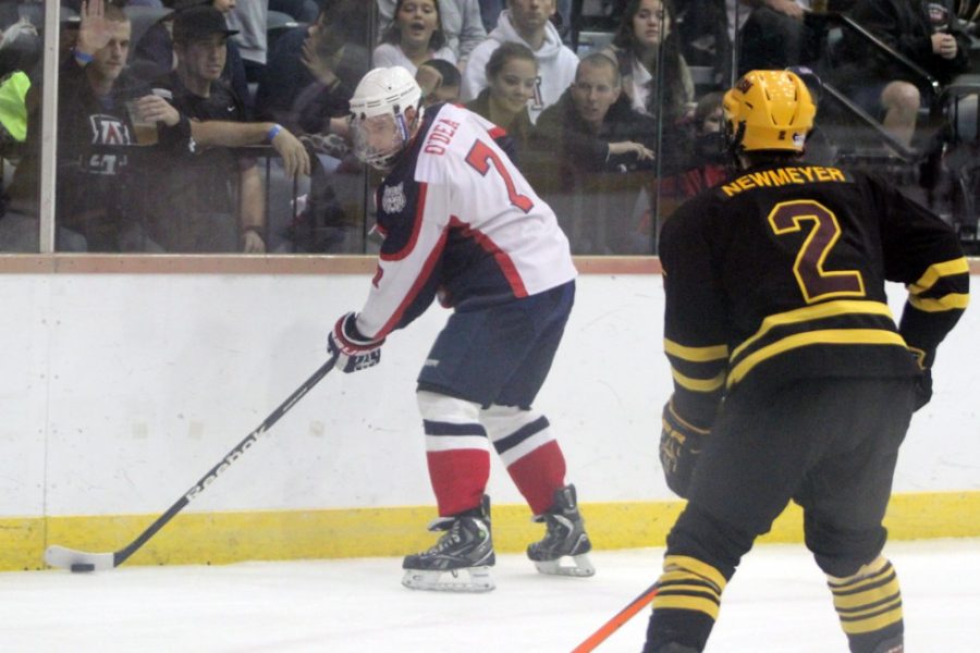 Arizona hockey forward Alex ODea (7) attempts a shot during Arizonas 3-1 loss to ASU in the Tucson Convention Center on Saturday. ODea and the Wildcats were swept over a two-game series by the ASU Sun Devils.