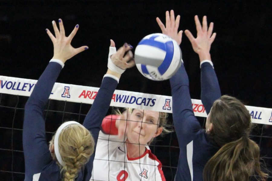 <p></p><p>Arizona volleyball outside hitter Madi Kingdon (9) spikes the ball past the Yale defense during Arizona's 3-0 sweep against Yale during the first round of the 2014 NCAA Division I Women's Volleyball Championship in McKale Center on Thursday. Kingdon and the Wildcats advanced to face BYU in the second round of the NCAA tournament on Friday at 5:30 p.m. in McKale Center.</p>