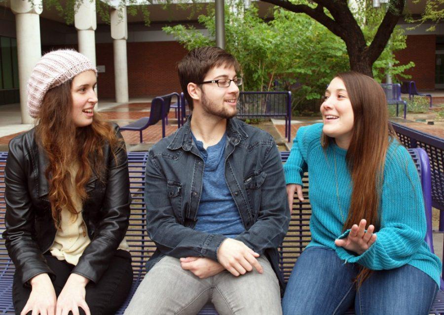 Brittan Bates / The Daily Wildcat

Senior theatre students, Laura Bargfeld, Simon Ridley and Andrea Head talk about their upcoming play that they wrote and are starring in on the benches outside the library on Monday, Jan. 26, 2015. Laura, Simon and Andreas play These Watches Dont Tell Time opens Thursday night at live theatre workshop and is about how you tell a story when you do not know how it ends.