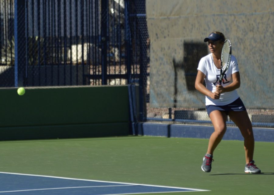 Arizona womens tennis player Lauren Marker prepares to return a volley  during her 6-1, 6-4 victory over New Mexico States Ashvarya Shrivastava  on Saturday at LaNelle Robson Tennis Center. Marker, a sophomore, has  taken up a leadership role on this years Arizona squad.