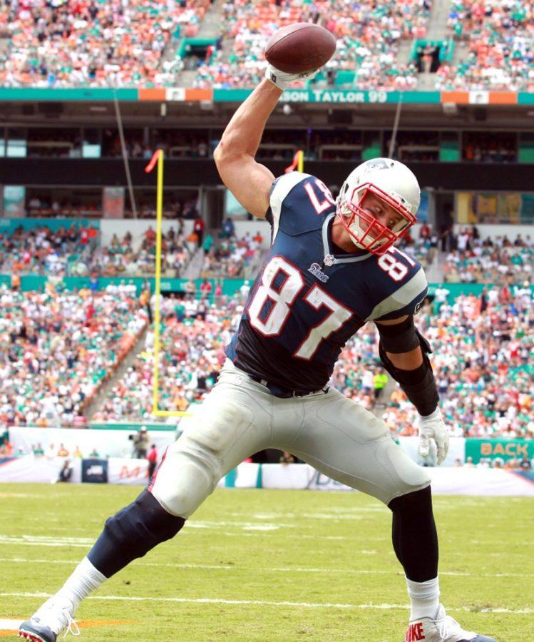 New England Patriots' Rob Gronkowski celebrates after scoring a touchdown during the second quarter of their game against the Miami Dolphins on Sunday, Sept. 7, 2014, at Sun Life Stadium in Miami Gardens, Fla. (Charles Trainor Jr./Miami Herald/MCT)