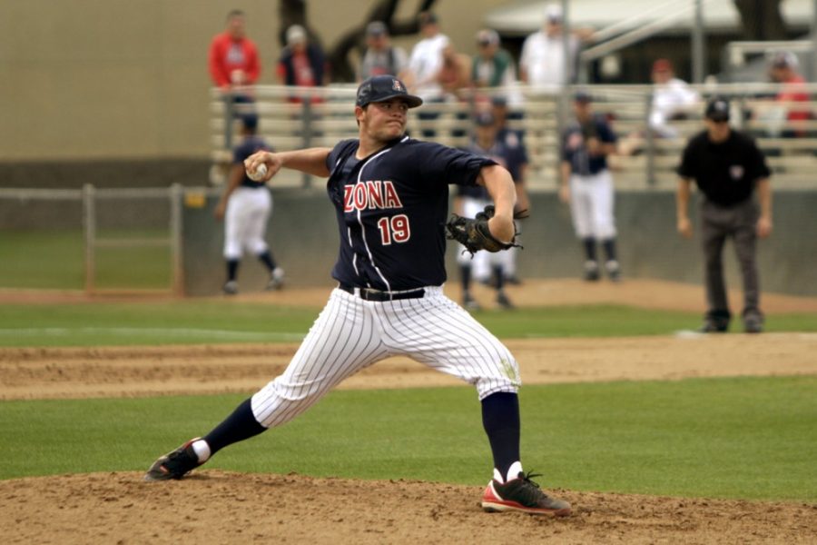 Arizona baseball pitcher Tyger Talley (19) delievers a pitch during Arizonas 6-2 win against Eastern Michigan at Hi Corbett Field on Sunday. Talley and the Wildcats swept EMU over three games.