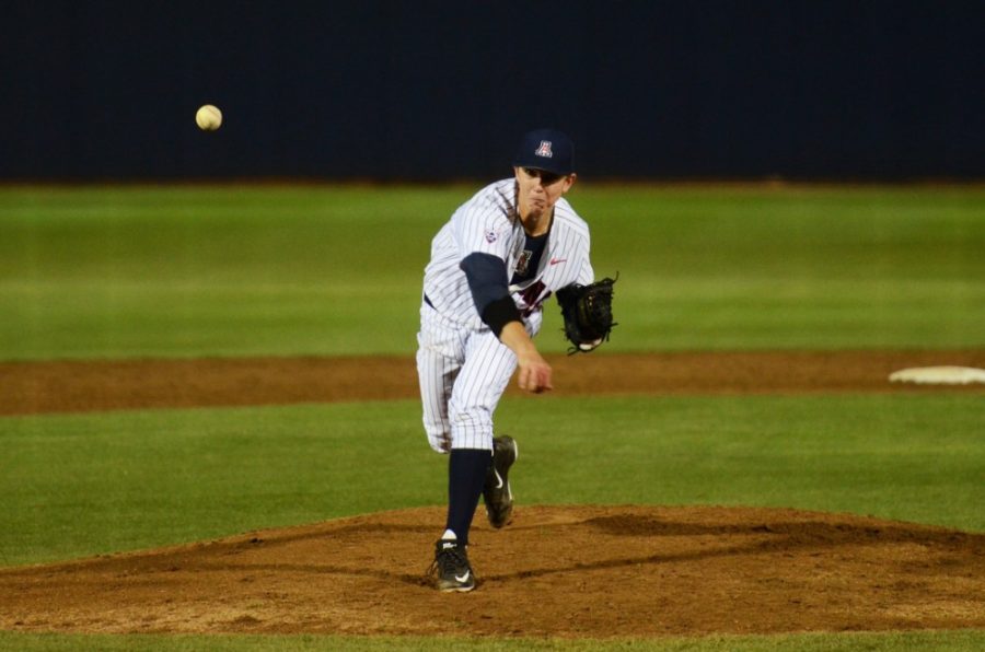 Arizona baseball pitcher Austin Schnabel (33) pitches during Arizonas season opening 7-3 win against Eastern Michigan at Hi Corbett Field on Feb. 13. Schnabel is slated to start one of the three games against Rice over the weekend. 