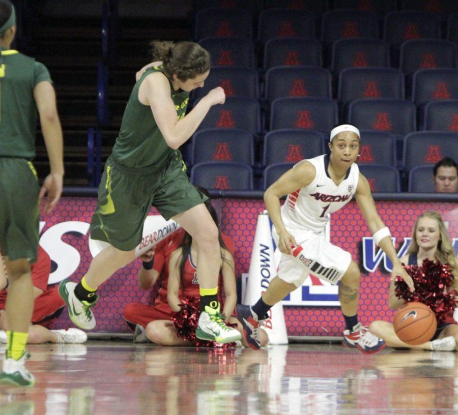 Arizona+womens+basketball+guard+Candice+Warthen+%281%29+dribbles+around++Oregon+center+Megan+Carpenter+%2840%29+during+Arizonas+81-78+victory+in++McKale+Center+on+Jan.+25.+Warthen+and+the+Wildcats+lost+two+more+games++over+the+weekend.