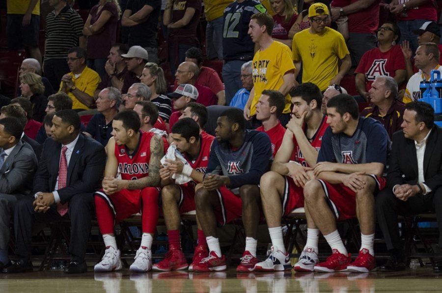 The+Arizona+bench+watches+the+action+during+Arizonas+81-78+defeat+against+ASU+on+Saturday+at+Wells+Fargo+Arena+in+Tempe%2C+Ariz.+The+Wildcats+struggled+defensively+and+have+work+to+do+for+the+rest+of+the+season