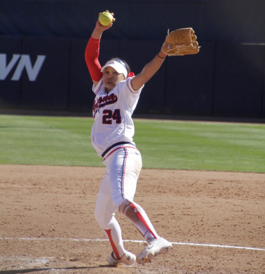 Arizona softball pitcher Trish Parks (24) prepares on the mound during Arizonas 4-3 win against Oklahoma State at Hillenbrand Stadium on Sunday. Parks and the Wildcats could have a deeper lineup this season than even last seasons dominant offense.