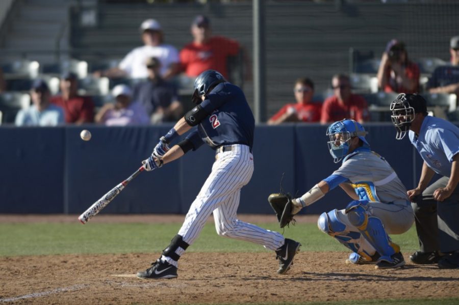 File Photo / The Daily WildcatArizona baseball infielder Kevin  Newman (2) bats during Arizonas 6-5 win against UCLA at Hi Corbett  Field on April 13. According to Newman and his teammates, pingpong is  one of his lesser known talents.
