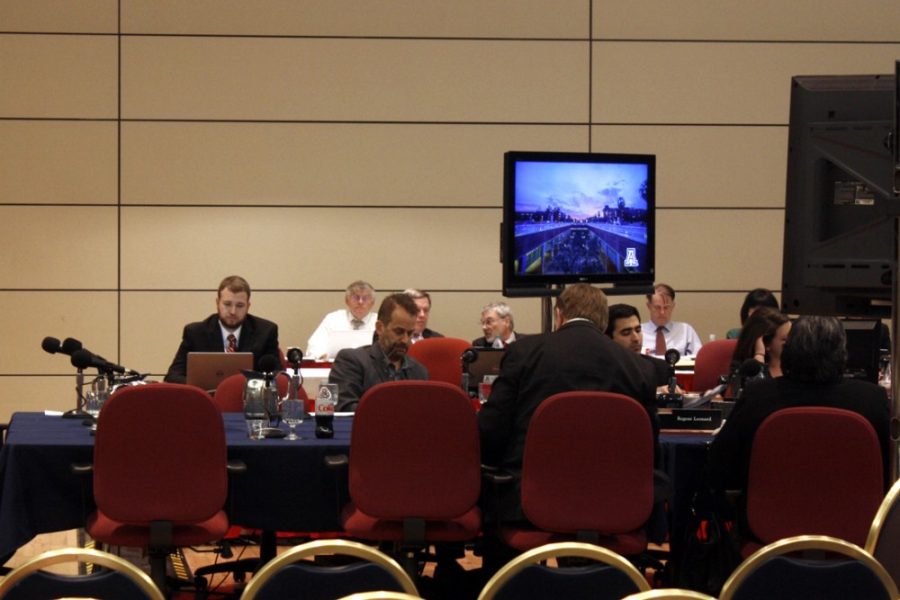 The Arizona Board of Regents holds a meeting in the Grand Ballroom in the Student Union Memorial Center at the University of Arizona to discuss budget cuts on Thursday, Feb. 5, 2015.