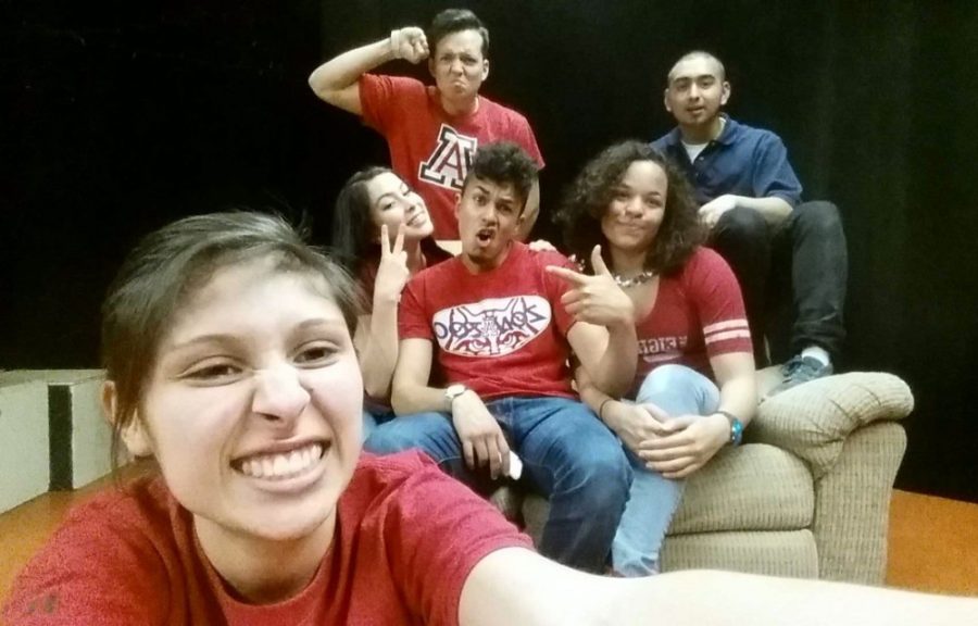 Courtesy of Angelina DuarteFrom left to right, Angelina Duarte, Andy Gonzales, Eliicia Villasenor, Daniel Acosta, Myani Watson and Nicholas Rivas, the cast of blu, pose for a photo during rehearsal at the Harold Dixon Directing Studio in the Drama building in February. The play runs Thursday through Sunday.