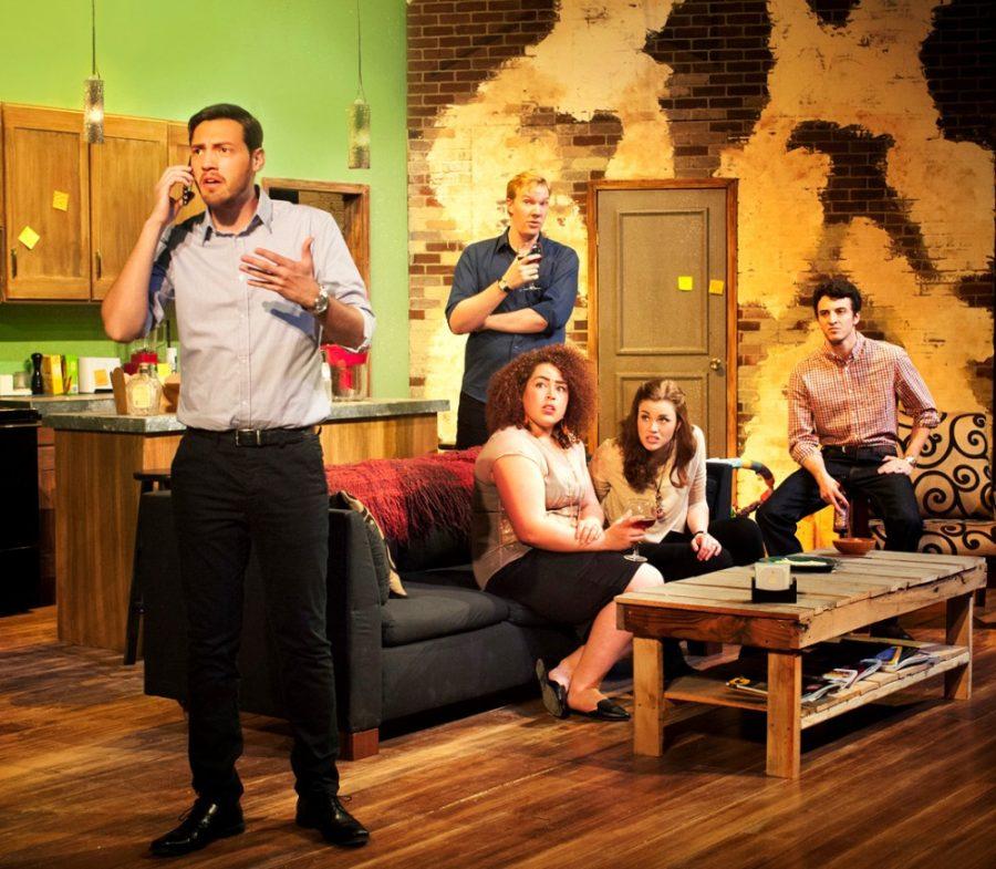 Courtesy of Ed Flores / UA Arizona Repertory TheatreJean Pierre (Aaron Arseneault) gets a disturbing phone call while his friends Marrell (Rhetta Kampel), Alan (Micah Bond), Jane (Heather Marie Cox) and Tom (Zackry Colston) eavesdrop in The Arizona Repertory Theatre’s contemporary comedy, “This,” running now to March 1. The play was effective at leaving its audience wiser by the end.
