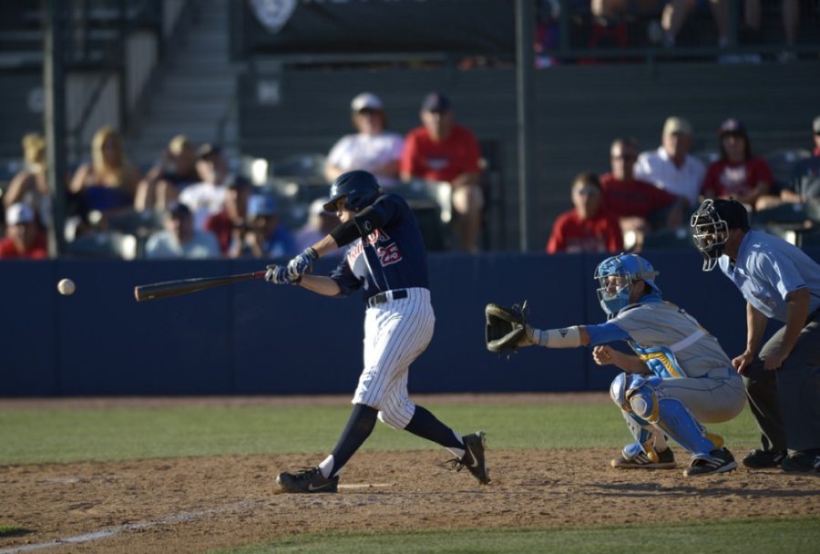 File Photo / The Daily WildcatArizona baseball infielder Scott  Kingery makes contact during Arizonas 6-5 victory over UCLA on April 13  at Hi Corbett Field. Kingery is among a trio of infielders who are  expected to take up a bulk of the offensive responsibility this season.