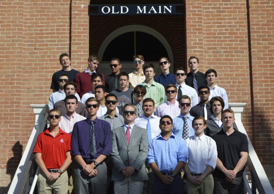 A group of male students who hope to recolonize the Lambda Chi Alpha fraternity pose for a photo outside of Old Main on Tuesday. The group hopes to be recognized by the Interfraternity Council at the UA for the fall 2015 semester.