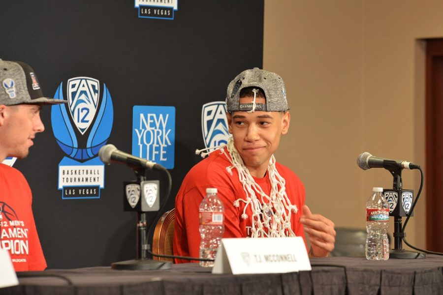 Arizona forward Brandon Ashley cracks a smile during the post game press conference after Arizonas 80-52 win against Oregon in Pac-12 Tournament championship in the MGM Grand Garden Arena in Las Vegas, Nev. on Saturday night.