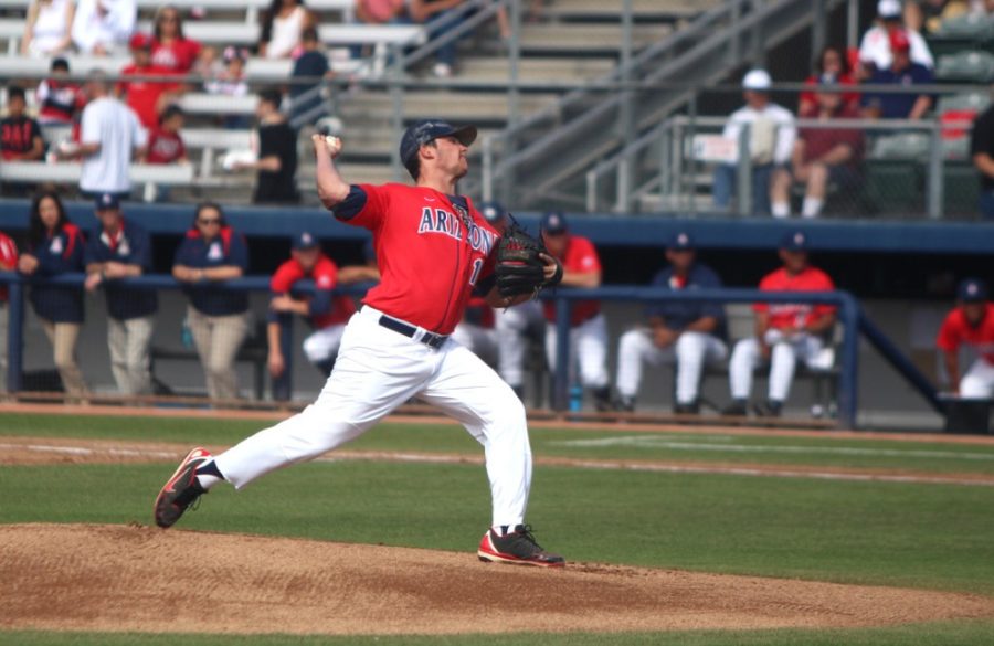 Arizona baseball pitcher Tyger Talley (19) throws a pitch during Arizonas 6-4 loss against Rice on Feb. 22 at Hi Corbett Field. Talley and the Wildcats have a great opportunity to improve against Oregon this weekend.