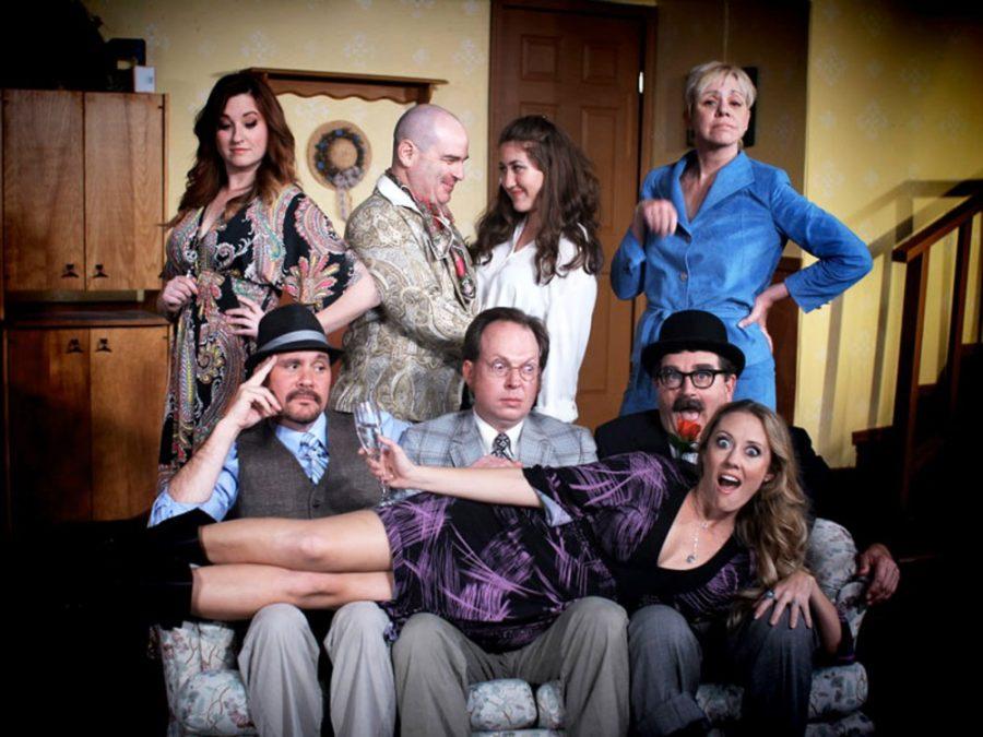 Courtesy of Live Theatre Workshop(Top row) Janet Roby, Cliff Madison, Allison Akmajian, and India Osborne. (Bottom row) Christopher Younggren, Matthew Copley, Michael Woodson and Shanna Brock in Move Over Mrs. Markham at Live Theatre Workshop. The play is a subpar sexual farce.