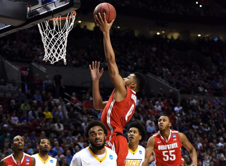 Ohio State guard DAngelo Russell (0) drives to basketball during Ohio States 75-72 win against Virginia Commonwealth during the first found of the NCAA Tournament in the Moda Center in Portland, Ore. on Thursday.