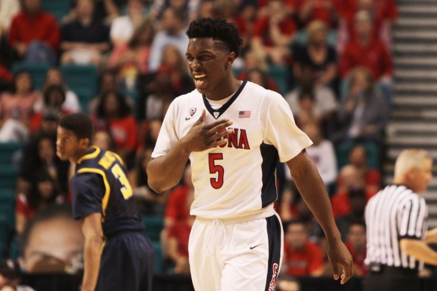 Arizona mens basketball forward Stanley Johnson (5) smiles during Arizonas 73-51 win against California during the first round of the Pac-12 tournament at MGM Grand Garden Arena in Las Vegas on Thursday. By defeating Cal, Johnson and the Wildcats advanced to the Pac-12 tournament semifinals.