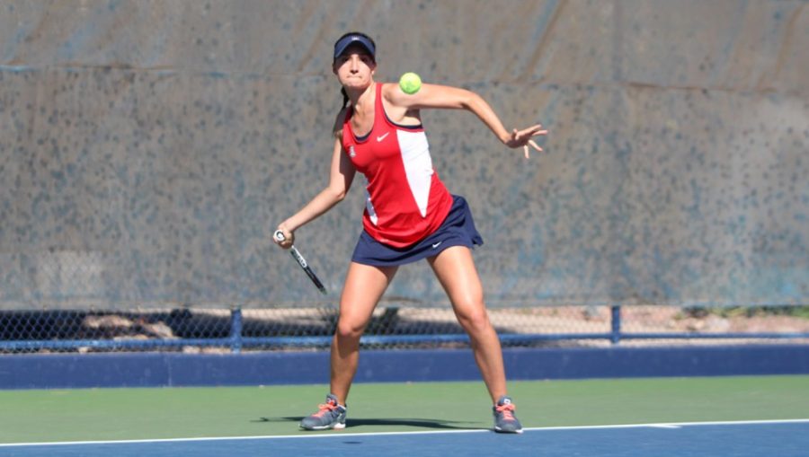Arizona womens tennis freshman Devin Chypyha returns a volley during Arizonas 4-3 victory over BYU on Feb. 13 at LaNelle Robson Tennis Center. Chypyha and the Wildcats defeated Colorado State 7-0 on Wednesday.
