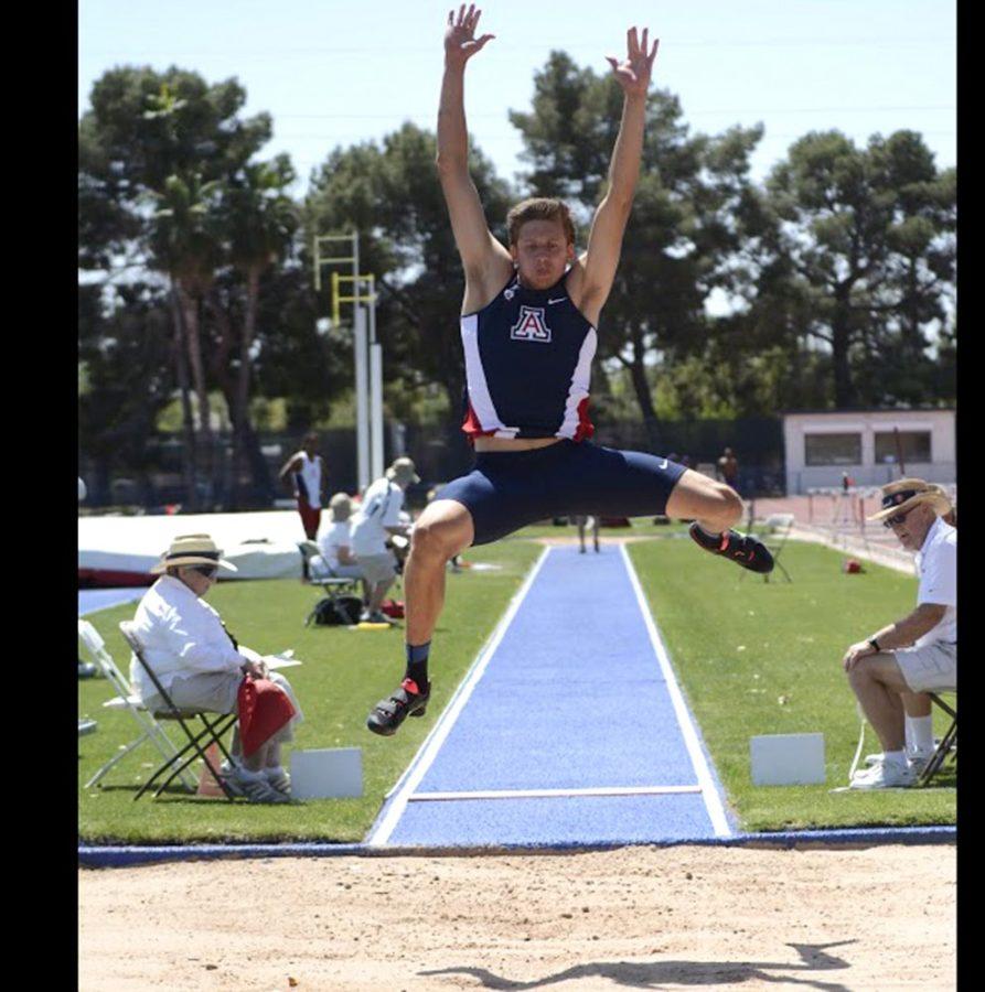 Arizona track and field combined events athlete Pau Tonnesen long jumps during Arizonas third-place finish at the Jim Click Shootout in 2015at Roy P. Drachman Stadium. Tonnesen was named the Pac-12 Men’s Field Athlete of the Week for his performance over the weekend.