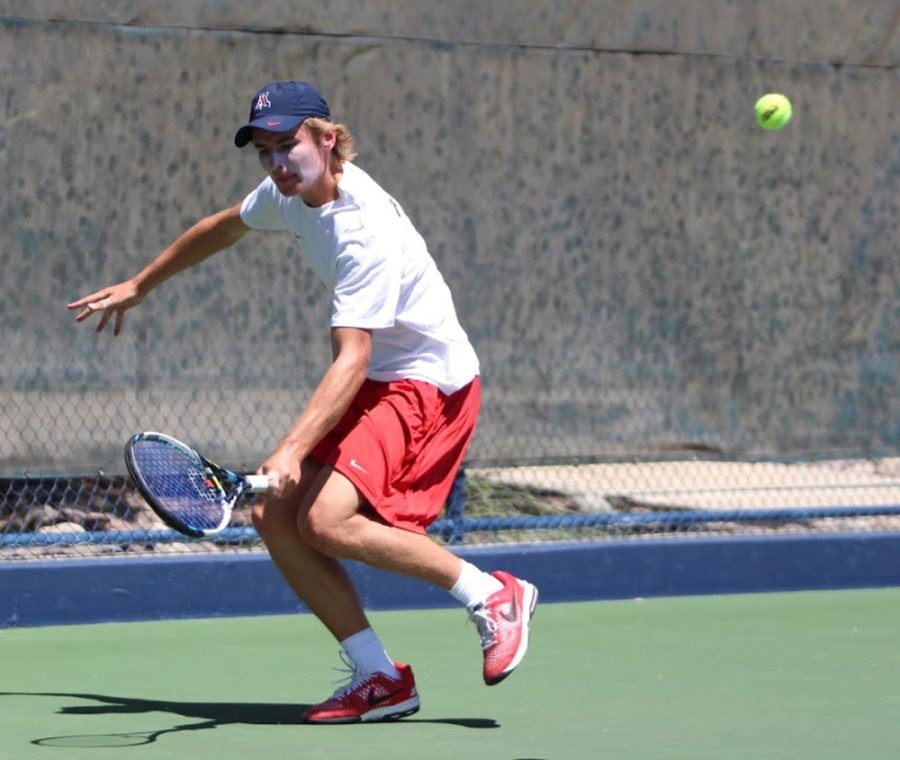 Arizona mens tennis sophomore Will Kneale returns a volley during Arizonas 4-1 loss to Oregon on Friday, April 10 at the LaNelle Robson Tennis Center. Both mens and womens tennis teams hit the road to take on conference foes.