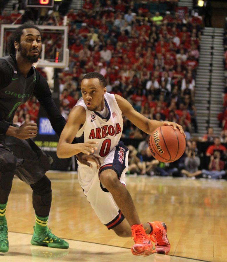 <p>Arizona men's basketball guard Parker Jackson-Cartwright (0) dribbles past Oregon defense during Arizona's 80-52 win against Oregon in the Pac-12 tournament Championship Game in the MGM Grand Garden Arena in Las Vegas on March 14. Jackson-Cartwright is the heir apparent to T.J. McConnell and figures to get most of the reps at point guard next season.</p>
