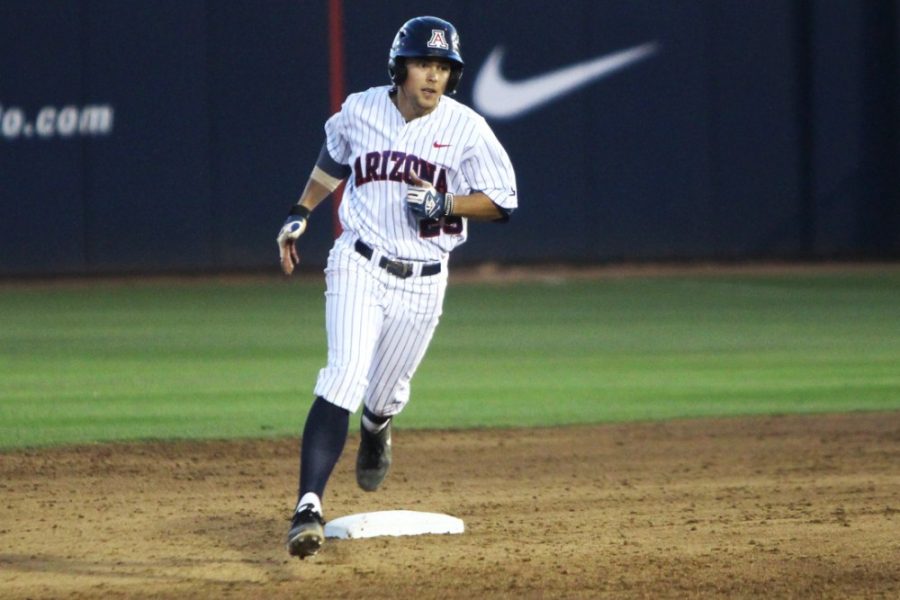 Arizona baseball infielder Scott Kingery (25) rounds second base after hitting the sole home run of Arizonas 4-1 loss to USC at Hi Corbett Field on Thursday night. Kingery and the Wildcats had their win streak snapped against the Trojans.